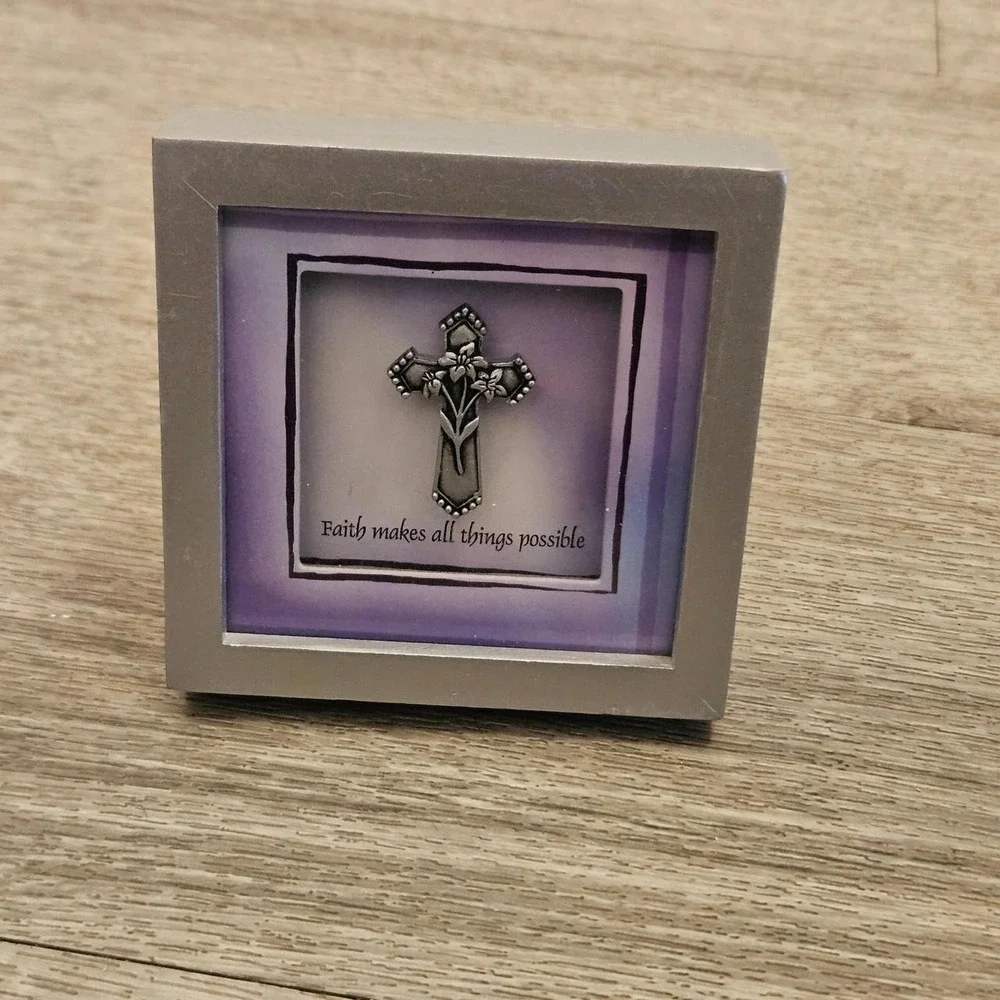 Silver & purple cross shadow box with words of encouragement positive art decor